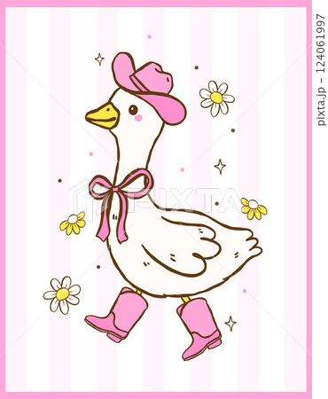 Cute Retro Cowgirl Silly Goose with cowboy hat and boots Cartoon Playful Western Goose Hand drawn 124061997
