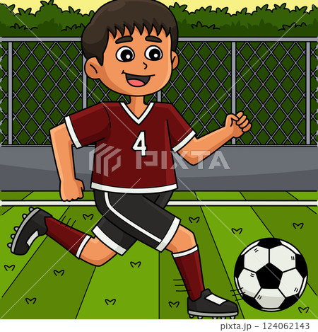 Male Soccer Player Running Ball Colored Cartoon  124062143