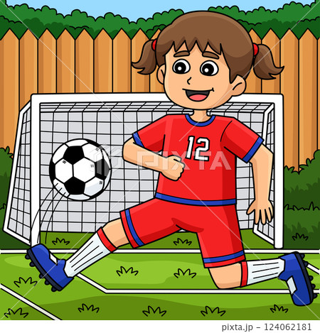 Female Soccer Player Goal Colored Cartoon Female Soccer Player Goal Colored Cartoon 124062181