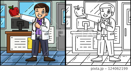 Doctor with an Apple Coloring Page Illustration  124062199