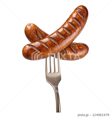 Two grilled sausages on a fork, against a transparent background 124062479