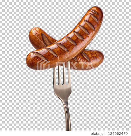 Two grilled sausages on a fork, against a transparent background 124062479