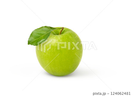 Fresh green apple with green leaf isolated on white background. 124062481
