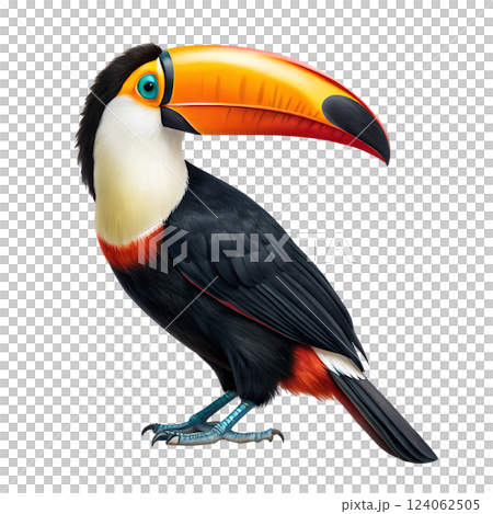 A toucan with a large beak stands elegantly on a transparent background 124062505