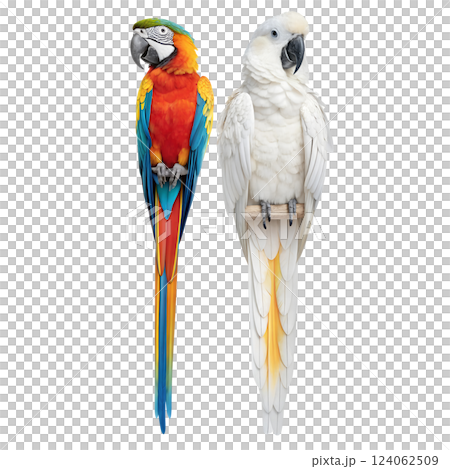 A colorful parrot and a white parrot stand on a transparent background 124062509