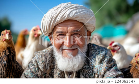 Elderly caucasian male farmer with chickens in rural setting. Elderly caucasian male farmer with chickens in rural setting. 124062547