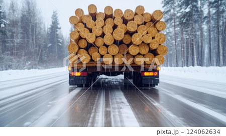 Truck transporting logs on snowy road through winter forest. Truck transporting logs on snowy road through winter forest. 124062634