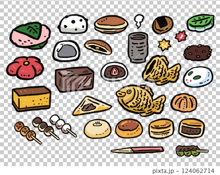 A set of hand-drawn illustrations of various Japanese sweets 124062714