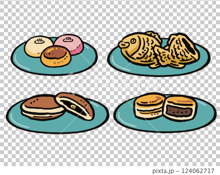 Hand-drawn illustration set of various Japanese sweets served on a plate 2 124062717