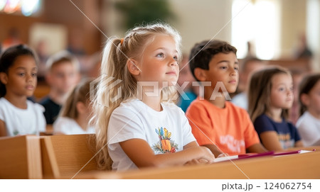 Children attending church service with diverse youth in focus. 124062754