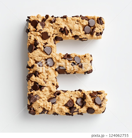 Alphabet cookie art: chocolate chip cookie letter e with delicious texture. 124062755