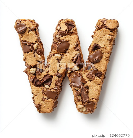 Chocolate chip cookie letter w on white background. 124062779