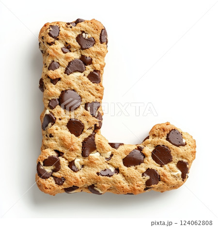 Chocolate chip cookie shaped like the letter l on white background. 124062808