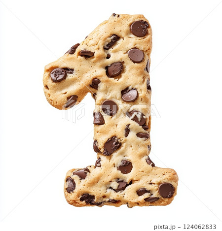 Chocolate chip cookie shaped as number one on white background. 124062833