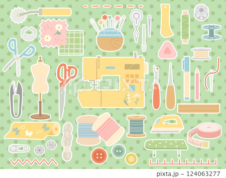 ミシンや針山などの裁縫道具のイメージしたイラストのセット 白ふち付きバージョン ミシンや針山などの裁縫道具のイメージしたイラストのセット 白ふち付きバージョン 124063277
