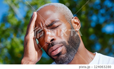 Mature african male experiencing headache outdoors with greenery background. Mature african male experiencing headache outdoors with greenery background. 124063280