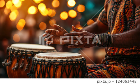 民族楽器の太鼓を叩く人物の手元のクローズアップ 124063448