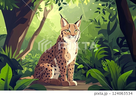 Iberian lynx sitting in the forest, illustration 124063534