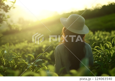 Farmer admiring tea plantation at golden hour in sunny day 124063540