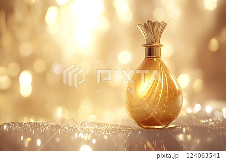 Elegant golden perfume bottle sparkling on a glittering surface 124063541