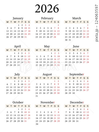 2026 Yearly Calendar Vector Vertical, Monday Start, Clean Design, Printable Template 124063597