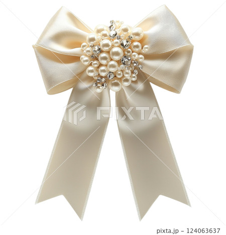 Ivory satin ribbon bow with pearl and crystal embellishments, elegant design 124063637