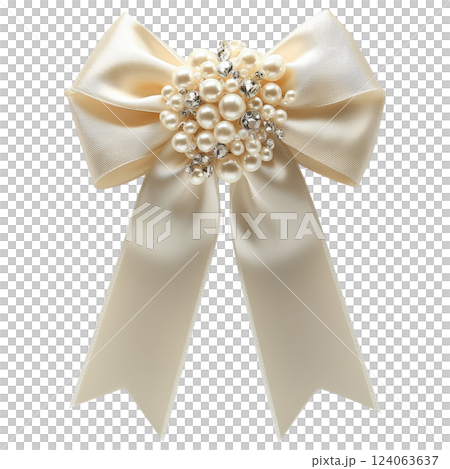 Ivory satin ribbon bow with pearl and crystal embellishments, elegant design 124063637
