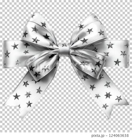 Silver ribbon bow with twinkling star pattern, isolated on transparency background 124063638