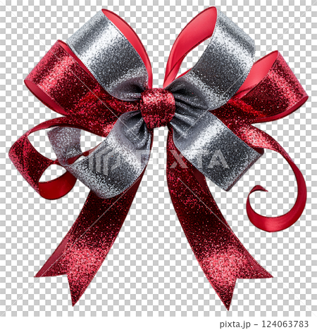 glittering red and silver ribbon bow with luxurious design and shiny texture 124063783