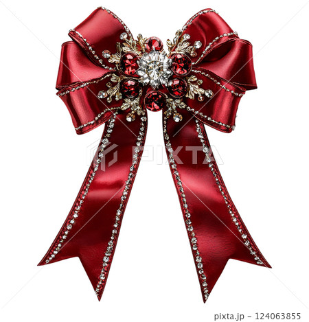 luxurious red Christmas ribbon bow adorned with crystals and gold accents 124063855