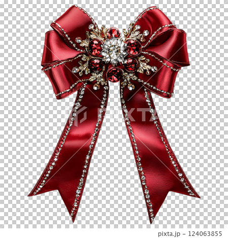 luxurious red Christmas ribbon bow adorned with crystals and gold accents 124063855