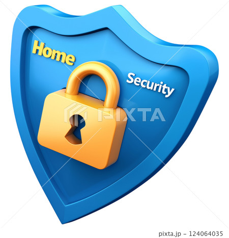 blue shield icon with yellow lock symbolizes home security protection 124064035