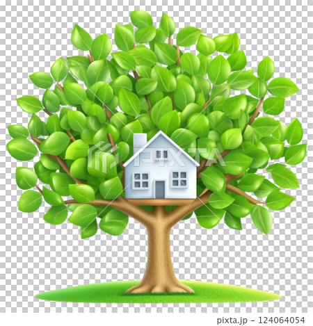 tree with lush green leaves forms shape of house, symbolizing eco friendly living tree with lush green leaves forms shape of house, symbolizing eco friendly living 124064054