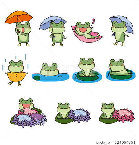 雨を楽しむ6月のかわいい蛙セット 124064351