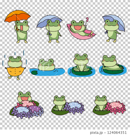 雨を楽しむ6月のかわいい蛙セット 124064351