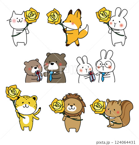 父の日の黄色いバラを渡している動物セット 父の日の黄色いバラを渡している動物セット 124064431