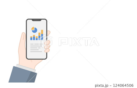 ビジネスマンがスマホでグラフレポートをチェックするイラスト (線画・フラット) ビジネスマンがスマホでグラフレポートをチェックするイラスト (線画・フラット) 124064506