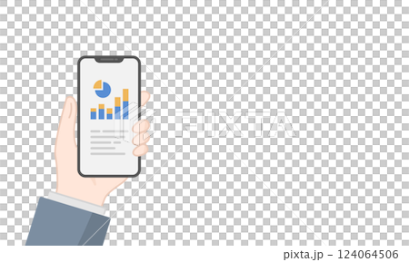 ビジネスマンがスマホでグラフレポートをチェックするイラスト (線画・フラット) ビジネスマンがスマホでグラフレポートをチェックするイラスト (線画・フラット) 124064506