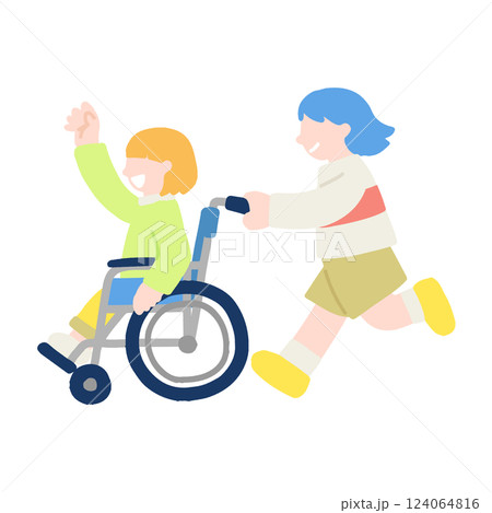 楽しそうに歩く車いすのこどもと車いすを押すこども(女の子)のフラットなイラスト 124064816