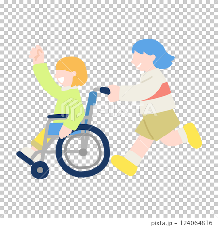 楽しそうに歩く車いすのこどもと車いすを押すこども(女の子)のフラットなイラスト 124064816