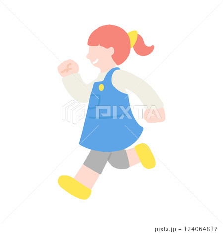 楽しそうに走るこども(女の子)のフラットなイラスト 124064817