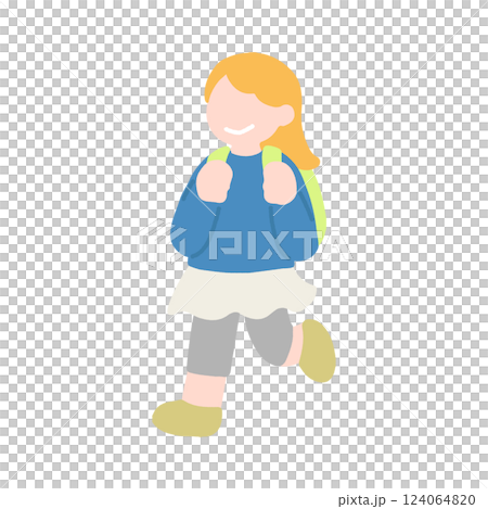A flat illustration of a child (girl) walking happily 124064820