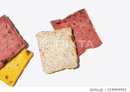 Whole grain bread slices on white background. 124064942