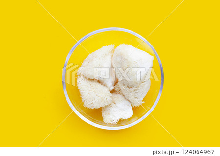 Fresh lion's mane mushroom on yellow background. (Yamabushitake Mushroom) Fresh lion's mane mushroom on yellow background. (Yamabushitake Mushroom) 124064967