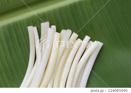 Fresh lotus rootlet on banana leaf Fresh lotus rootlet on banana leaf 124065095