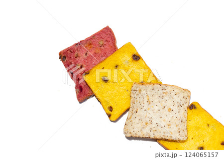 Whole grain bread slices on white background. 124065157