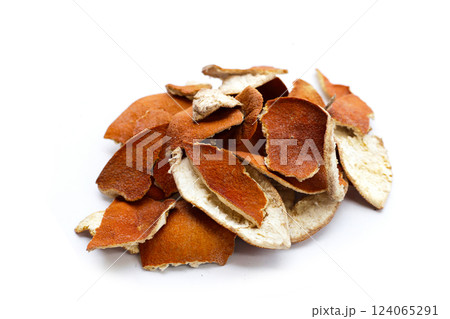 Dried orange peels on white background. Dried orange peels on white background. 124065291