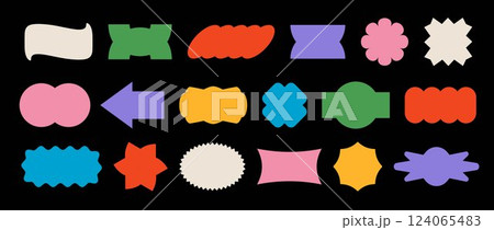 Abstract sticker shape set. Colorful retro pop art border element collection. Bright geometric frame pack for badge, tag, label, banner, poster, sign, flyer, logo. Vector Swiss style patch bundle Abstract sticker shape set. Colorful retro pop art border element collection. Bright geometric frame pack for badge, tag, label, banner, poster, sign, flyer, logo. Vector Swiss style patch bundle 124065483