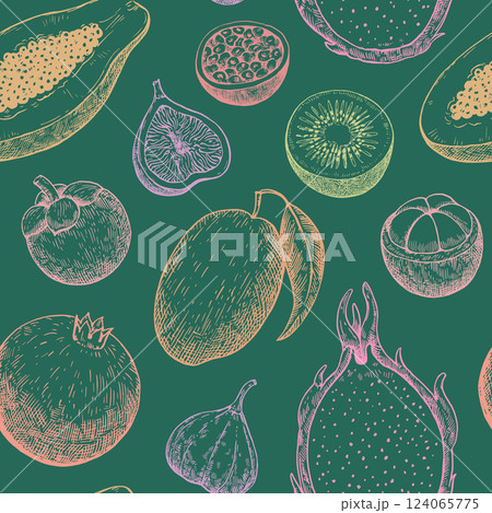 Seamless pattern with tropical and exotic fruits. Hand-drawn ink illustration in retro engraving style. Seamless pattern with tropical and exotic fruits. Hand-drawn ink illustration in retro engraving style. 124065775