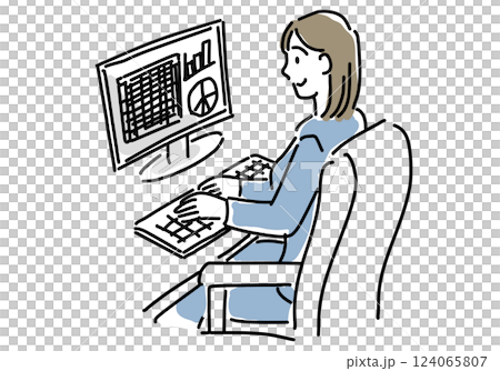 Simple line drawing of a female office worker inputting and analyzing data on a PC 124065807